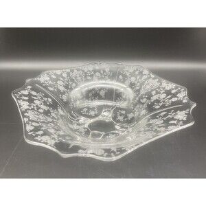VTG Cambridge Rose Point Floral Clear Glass Footed Square Pedestal Bowl 11.5”